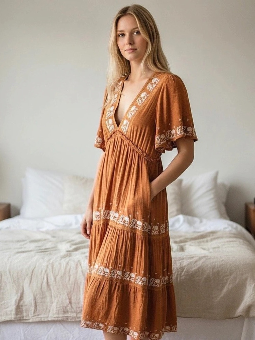 Mimi Moon Embroidered Maxi Dress in Brown Size Small Like New